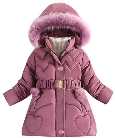 Girls Fleece Lined Puffer Jackets Faux Fur Hooded Winter Coat Full Zip Padded Parka Snow Outwear with Belt Windbreak Thicken Warm Overcoat for Children Ski Jacket Insulated (Purple, 5-6 Years)