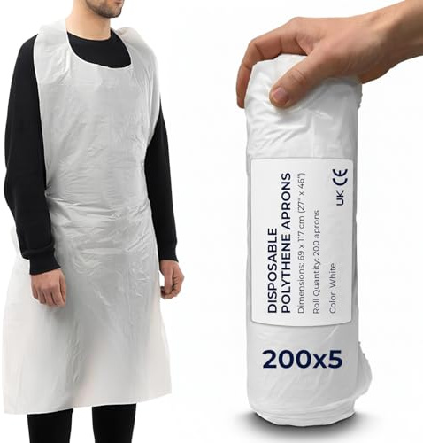 Disposable Aprons White Roll Pack of 1000 Waterproof Plastic for Catering | Lightweight polythene, perforated for quick tear-off, tie fastening, one size, splash cover for food prep and care homes