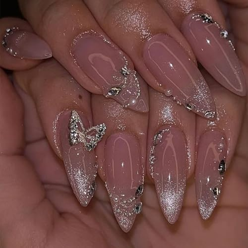 TESGADGETS 24 Stück silberne Strass-Kunstnägel zum Aufkleben mittelgroß mandelförmig mit Schmetterlings-Glitzersteinen Acryl-French-Tip-Design rosa Farbverlauf