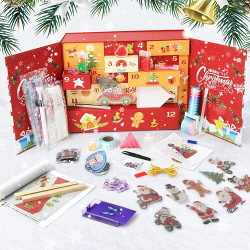 CXINLky Diamond Art Painting Kit cadeau 24 pièces Diamond Art Calendrier de l'Avent 2025 avec outils, porte-clés, bijoux, etc. Cadeau surprise 24 jours