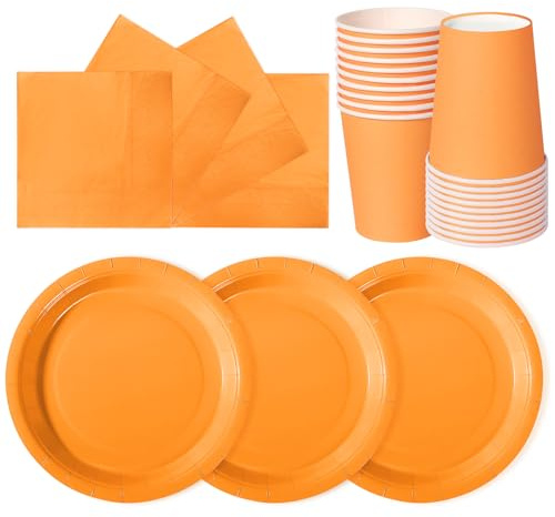 hailstones 72 Stück Orange Party Pappteller Set,Papiergeschirr Set,Geburtstag Party Geschirr Becher Serviette Pappteller für Babypartys, Geburtstag, Weihnachten Geburtstagsparty Deko-24 Gäste