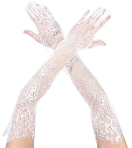 Grevosea Women's Long Lace Floral Gloves, Bridal Wedding Gloves Sheer Mesh Tulle Elbow Length Opera Party Costume Glove Elegant Satin Stretchy Glove for Wedding Tea Party Cosplay Formal Event