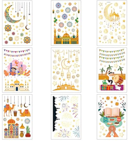 CATZUM 9 Blätter Ramadan Deko Fensteraufkleber, Eid Mubarak Sticker, Ramadan Kareem Fensterbilder, Halbmond & Sterne, Al-Fitr Selbstklebende Fensterdekoration für Islam Muslim Feier
