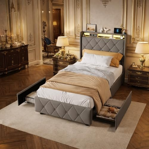 Jugendbett 90x200 cm mit Stauraum-Kopfteil, Stauraumbett mit 2 Schubladen, Polsterbett Einzelbett mit Lattenrost, Funktionsbett Bettgestell mit LED, Flanell, Grau, Ohne Matratze (Grau, 90x200cm)