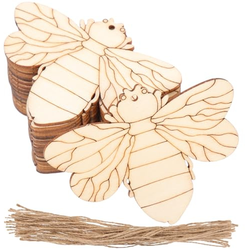 NESTINGHO 50 Stück Holz Bienen zum Bemalen und Basteln mit Hanfseil Unbehandelte Holzrohlinge für und Selbstgemacht Dekorationsprojekte