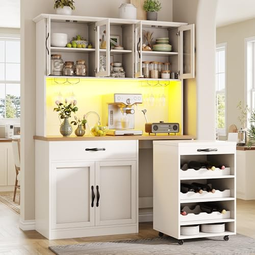 Lahoomu 140cm Küchenschrank Weiß mit Rollwagen, Hochschrank mit LED-Beleuchtung, Pantryschrank mit Weinglasregal & Weinregal, Beleuchteter Sideboard Schrank für Wohnzimmer, Esszimmer