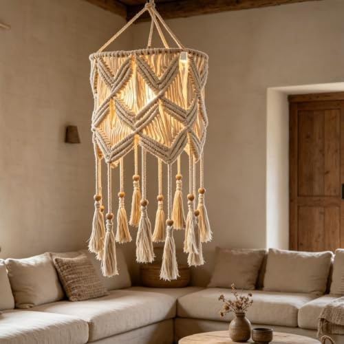 Hängelampe Makramee Lampenschirm, 30×85cm Boho Hängeleuchte, Handgefertigte Pendelleuchte, Boho Deckenlampe Lampenschirme für Wohnzimmer, Schlafzimmer, Küche, 1 m Aufhängedraht für E27-Lampenfassung