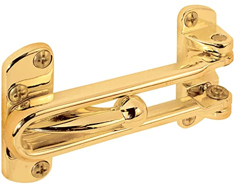 Prime-Line U 9897 Diecast Security Swing Bar Lock for Hinged Swing-In Doors, 3-7/8 Inch Bar Length by 2-1/2 Inch Height, Polished Brass, Set of 1