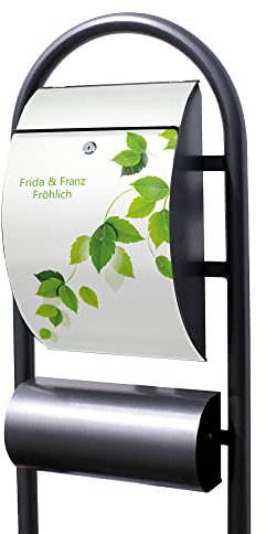 Banjado® Stand Briefkasten in Hammerschlag-Optik in Größe 150x47x22cm mit Motiv WT Blätterranke - Briefkasten mit Standfuß/Postkasten freistehend als Standbriefkasten mit Zeitungsfach