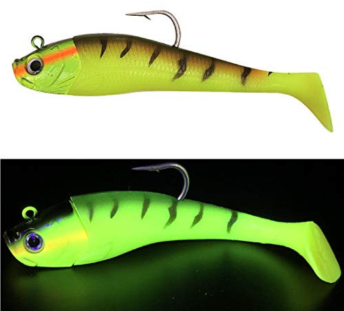 Mega Fishing Norwegen UV Shad Meeresköder - Gummifisch + Jigkopf - Dorsch Köder - 20cm / 300g & 26cm / 440 g (Fluo Gelb - 20cm / 300g)