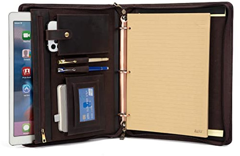 Professionelle Leder-Klappetui mit 3 Ringen, mit Reißverschluss, für Business Dokumente, Tablet, mit Notizblock in Briefgröße dunkelbraun