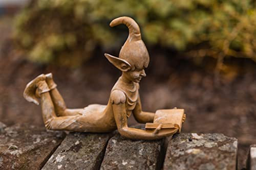 garden mile Feengarten-Ornamente, Bronze-Elfenstatue liegend mit Buch – Neuheit Harz und wetterfeste Gartenfigur Pixie Kobold Imp Skulpturen Figur für Terrasse, Teich, Hof, Rasen Dekor