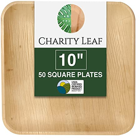 Charity Leaf Compostable 10 Square Palm Leaf Dinner Plates (50-pack) | Premium, 100% Natural, Disposable, Heavy Duty | Perfect for Parties, Weddings & Catering Events