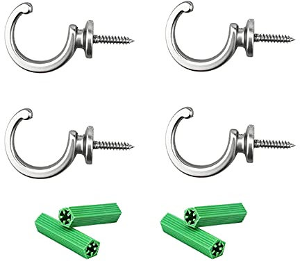Trsnzul Vorhänge Haken 4 Stück Zierhaken Vorhang Raffhalter Haken Garderobenhaken Wandhaken Hakenschrauben Haken Zum Schrauben Deckenschraube Haken mit Expansionsrohr, Für Vorhänge, Zimmer (Silber)