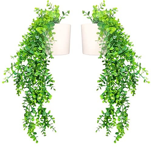 Eco Home Store Kunstpflanze hängend im 2er Set mit weißen Übertöpfen als Frühlingsdeko als hängender Blumentopf geeignet Hängepflanze künstlich als Zimmerdeko Fake Pflanzen plastikpflanzen