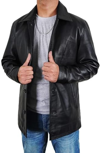Fashion_First Men's 3/4 Mid Length Genuine Leather Trench Coat - Men Vintage Leather Blazer Long Car Coat Jacket Cosplay Costumes