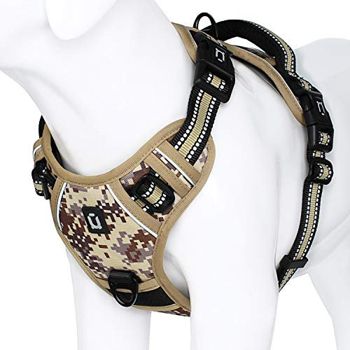 Pettorina Cane Taglia Grande Media Piccola, No-Pull Pettorina h Cane Regolabile, Imbracatura Riflettente Morbida per Addestramento (L, marrone mimetico)