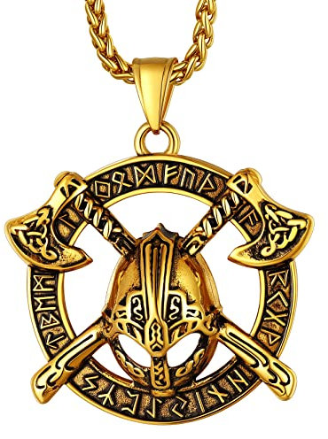 Richsteel Mens Pendant Necklaces Runes Gold Viking Jewellery Amulet Double Axe Pendants Necklace For Women