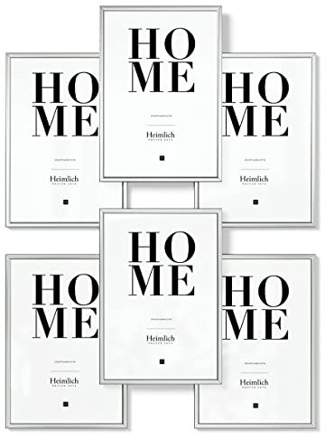 Heimlich® Bilderrahmen Collage 6x DIN A4 ALU SILBER CHAMPAGNER | Bilderrahmen 21 x 29,7 cm (8.3 x 11.7 in) Schwarz mit bruchsicherem Acrylglas | Bilderrahmen Set ALU A4 (4 STK.)