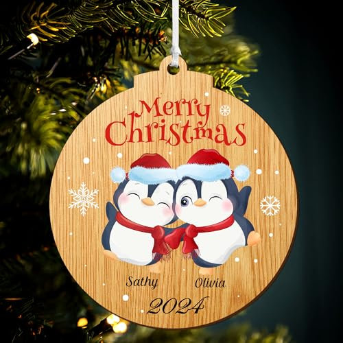EDSG Personalised Christmas Baubles Tree Decorations 2022 Family UV Print Wood Ornament Xmas Bauble (Round Family of 2)