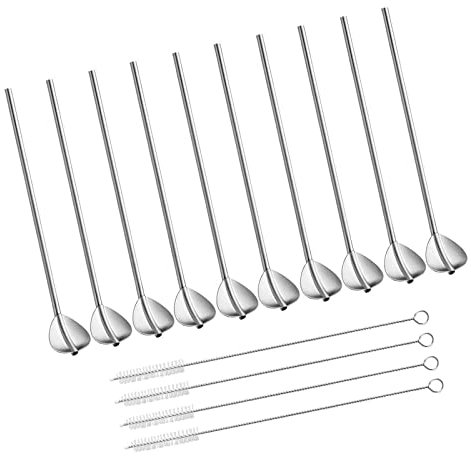 Edelstahl Trinkhalme löffel, 10 Stück Löffel Strohhalme Langstielige Cocktaillöffel Strohhalm, 2 in 1 Strohhalm & Löffel mit 4 Reinigungsbürsten