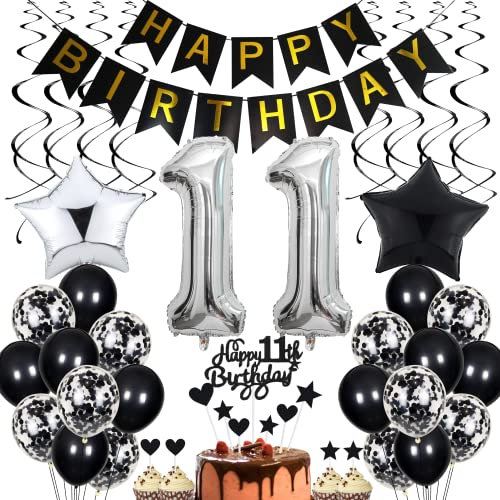 11. Geburtstag Dekoration,Schwarz Tortendeko Geburtstag 11 Jahre Junge,Black and White Party Deko,11 Geburtstag Mädchen Junge,Tortendeko 11. Geburtstag Junge Mädchen,Geburtstagsdeko 11 Jahre Mädchen