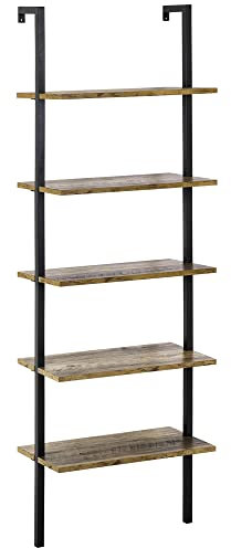 HOMCOM Estantería de Escalera de 5 Niveles Estantería Librería de Pared con Marco de Metal para Salón Oficina Estudio Estilo Industrial Carga 25 kg 60x30x184,5 cm Marrón