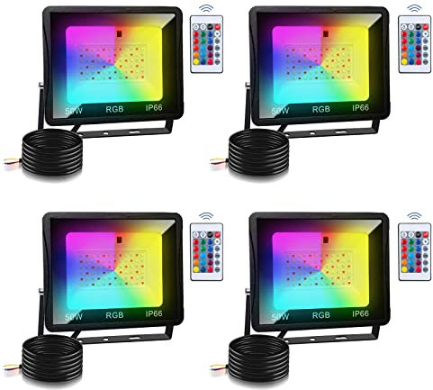 Tubiaz 4pack Projecteurs LED RGB 50W Intérieur et Extérieur Multicolore, RGB Spot LED de Couleur Avec Télécommande, 16 Couleurs 4 Modes Étanchéité IP66, Fonction Mémoire(pas de prise)