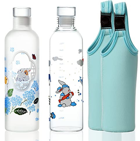 TDN Bouteille d'eau en verre borosilicate, Lot de 2 500 ml, Réutilisable, Émail sérigraphié, Sans BPA, Étanche, Compatible Lave-Vaisselle, Pour gym, Bureau, Boissons chaudes et froides (Lapin)