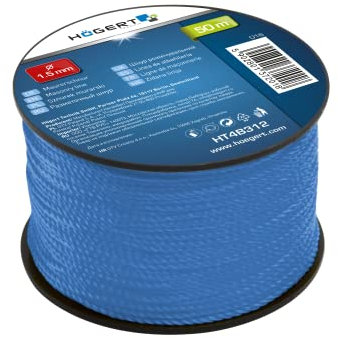 Högert Technik - Cuerda de mampostería de 50 m - Cuerda de mampostería azul - Ø 1,5 mm - Resistente a desgarros y resistente - En bobina/línea de enderezamiento/cuerda de construcción/cuerda de