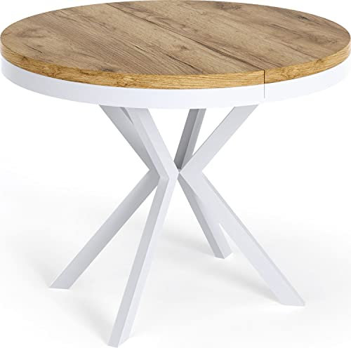 WFL GROUP Table à Manger Extensible Ronde - Table Style Loft avec Pieds en Métal Blancs - 90 à 170 Cm - Table Ronde Style Industriel pour Le Salon - Compacte - 90 Cm - Chêne Craft