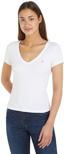 Tommy Jeans Tjw Slim Essential Rib V Ss Dw0dw17385, Camisetas de Punto de Manga Corta Mujer, Blanco (White), S