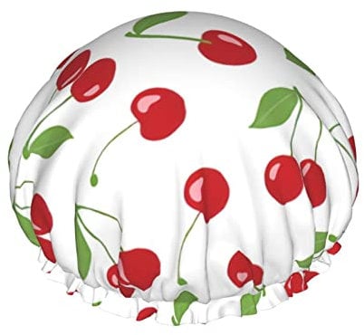 Shower Cap Cherry Reusable Bath Shower Caps For Women Long Hair,Double Layer Waterproof Bathing Shower Hat Hair Protector For Kids Girls Women,1 Pack