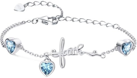 Qings März Aquamarin Geburtsstein Armband mit 3 Herz Zirkonias Sterling Silber 925 Verstellbare Kreuz Glaube Armbänder für Mädchen Damen Geburtstag Weihnachten Geschenk