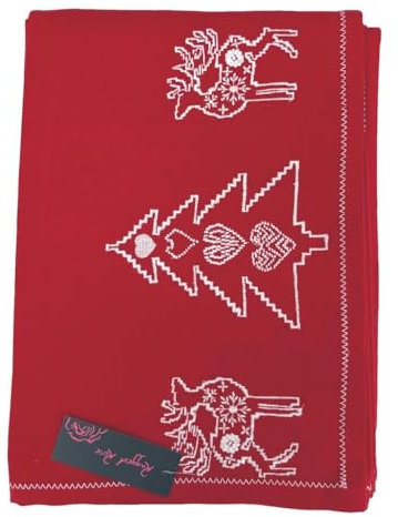 Ragged Rose Christmas Table Cloth - Festive Linen Tablecloth with Nordic Style Prints for Living Room & Kitchen - Cotton Tablecloth That Fits a 6-7 Ft Table (WHITE ON RED EMBROIDERD)