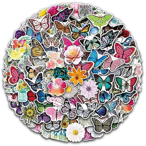 100 süße ästhetische, trendige Blumen-Schmetterlingsaufkleber für Teenager, Mädchen, Frauen, Erwachsene und Kinder, perfekt für Laptop, Handy, Skateboard, Reisetasche