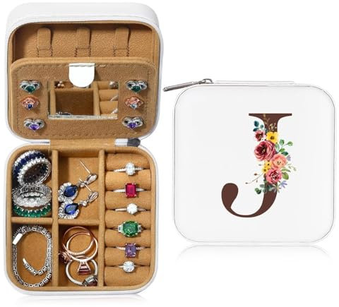 TINGN Personalisierte Schmuckkästchen mit Initiale J und Blume - Kleine Reise Schmuckkästchen mit Spiegel für Damen und Mädchen - Geschenk für Geburtstage, Weihnachten, Muttertag