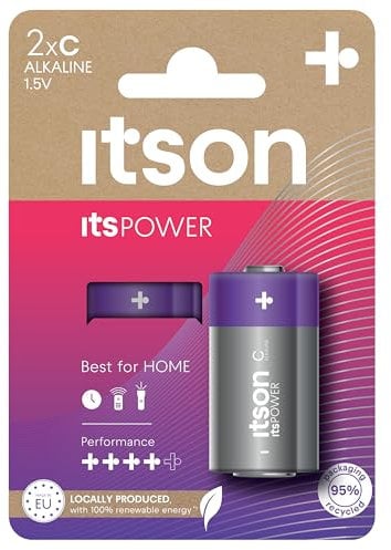 ITSON, C batterie alcaline, confezione da 2, per orologi, torce, telecomandi e giocattoli telecomandati, confezione senza plastica, LR14IPO/2CP