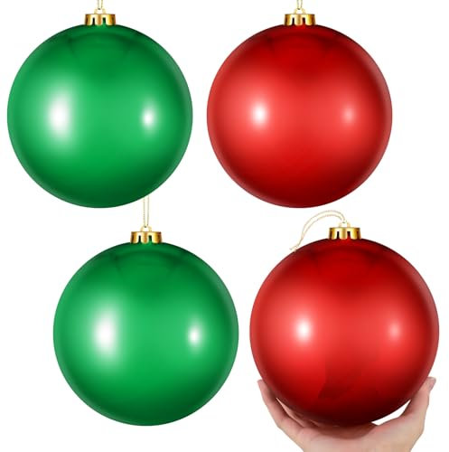 Jenaai Große Weihnachtskugeln, riesig, glänzend, extra große Kugeln mit Schnur und Kappe für Rasen-Hof-Dekoration, 15,2 cm, Rot, Grün, 4 Stück