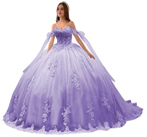 Beyonddress Off Hombro Vestido de Noche Princesa Quinceañera Encaje Apliques Vestido De Bola Dulce 16, Lavanda, 36