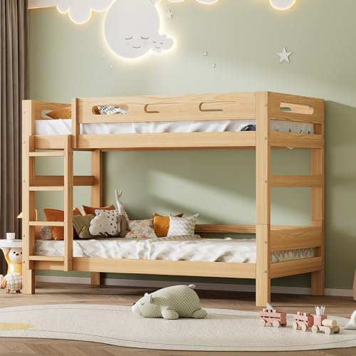 Becag Kinderbett 90x200 Etagenbett für 2 Kinder, Holzbett Hochbett mit Rausfallschutz und Leiter, Hausbett mit Lattenrost, In 2 Einzelbetten Aufteilbar, Stabiler Kieferholzrahmen Ohne Matratze, Natur