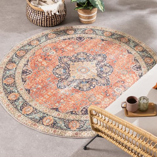 FRAAI | Home & Living In- & Outdoor Teppich Rund - Kairo Medaillon Terra Dunkelblau Ø 120cm - Wetterfest - Polypropylen - Flachgewebe - Wohnzimmer, Esszimmer, Balkon, Garten/Terrasse - Terrasse -