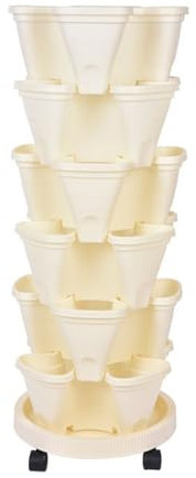 MISNOde Macetero Apilable de 6 Niveles, Macetero Vertical de Jardín con Base Móvil, Maceteros de Flores de Fresa Y Verduras, Macetero Interior Y Exterior para Jardín, Puerta Delantera,(Beige)
