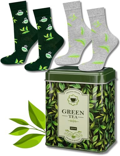 soxo Tea Socks For Women Funny Gifts Cotton Men Sock Ladies Mens Gift Presents In Box 2.5-6.5 UK Green Tea 2 Pairs