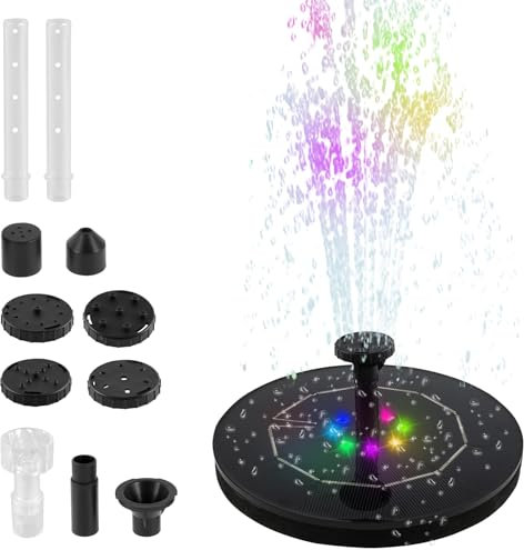 Solar Springbrunnen für Außen DIY Solar Teichpumpe mit 8 LEDs Garten Wasserpumpe Solar Panel mit 8 Fontänenstile Solar schwimmender Fontäne Pumpe für Garten Vogel-Bad Teich Fisch-Behälter (2.5 W)
