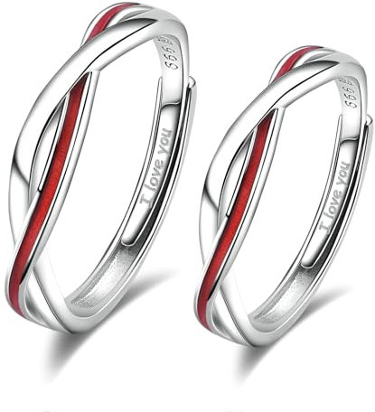 BCughia Anello Coppia Filo Rosso del Destino, Anelli Donna Argento Regolabili con Linea Rossa Anelli Fidanzamento Incisione Anelli Matrimonio Argento per Uomo e Donna