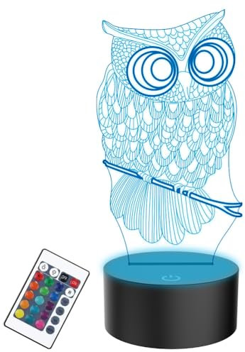 PONLCY Eule Nachtlicht, 3D Illusion Lampe mit Fernbedienung, 16 Farben USB Schreibtischlampen, Schlafzimmer Dekoration Tischlampe für Kinder Weihnachten Geburtstag Geschenke