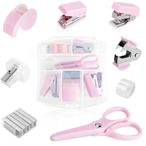 8 Stück Bürozubehör Set, Mini-Bürobedarfssets Inklusive Hefter, 500 Heftklammern, Heftklammerentferner, Klebebandabroller, Schere, Stiftanspitzer, Klebeband, Locher, Heim Bürobedarfsset