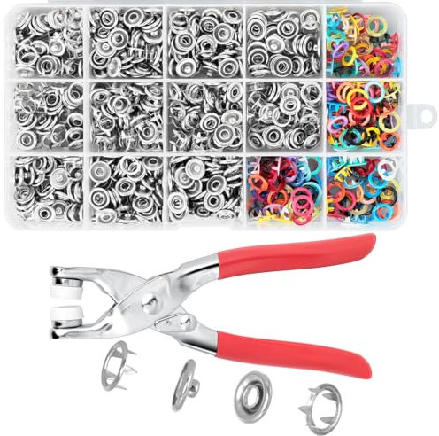 AiQInu 200 Kits Bouton Pression avec Pince, Set de Boutons Pression en Métal Ring Button pour DIY Bricolage Vêtements Enfants, Vêtements Sacs, Fait Main, Sewing Craft 9,5 mm