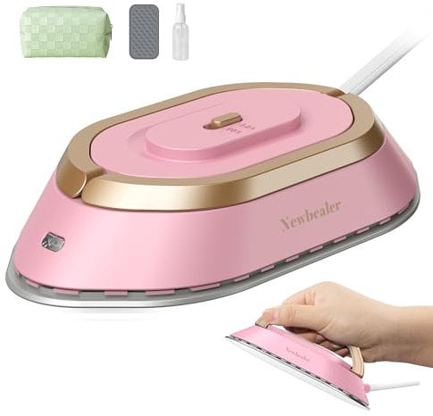 Newbealer Travel Iron - Mini Iron with Dual Voltage-220V/120V for Clothes, Compact Iron with Small Pouch for Global Travel, Quilting & Sewing, Pink